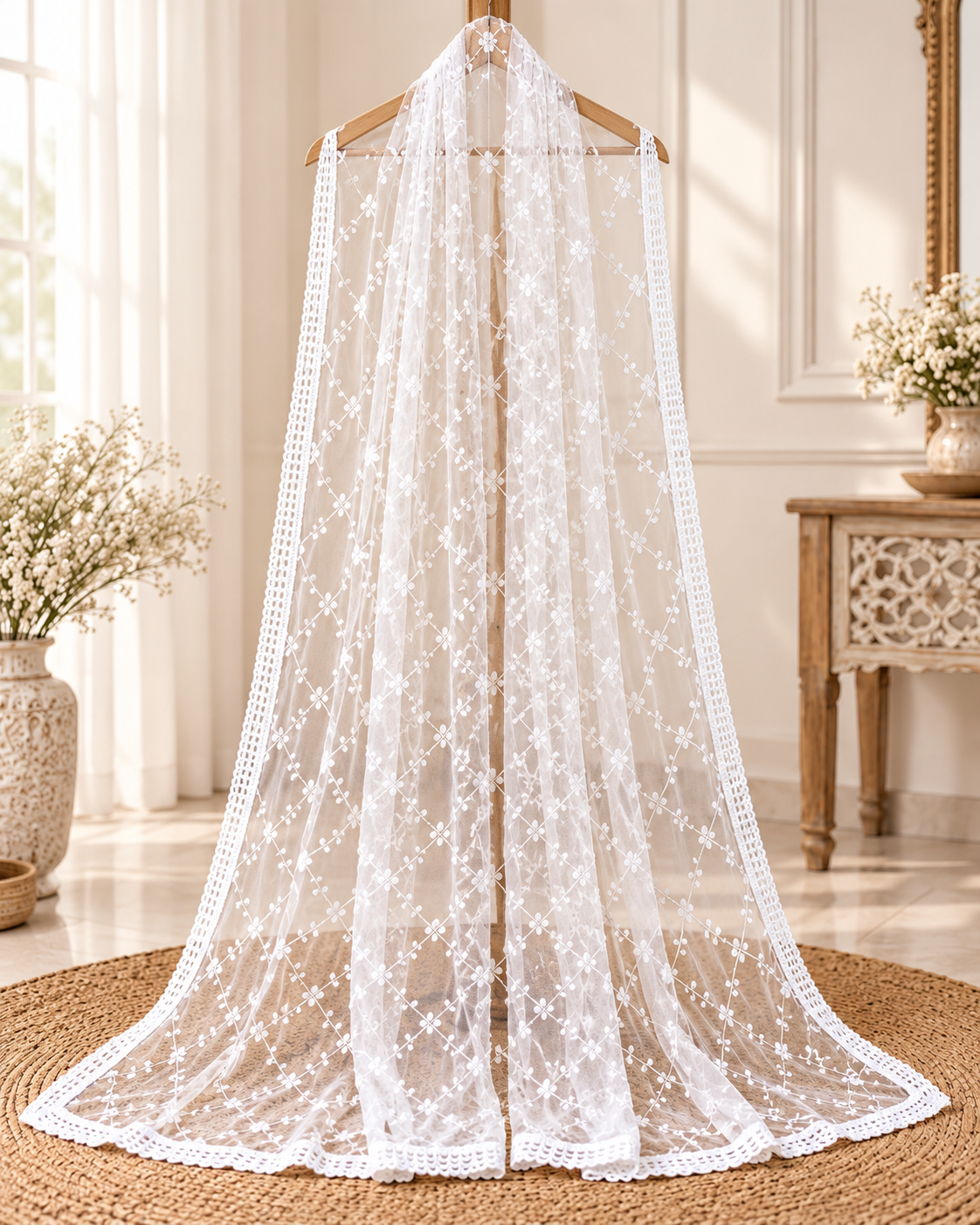 White Embroidered Stole/ dupatta, Tulle, Net Fabric, Embroidered Bridal Wedding Fabric, Saree Drape, Veil, Abaya, Mesh Fabric DP30