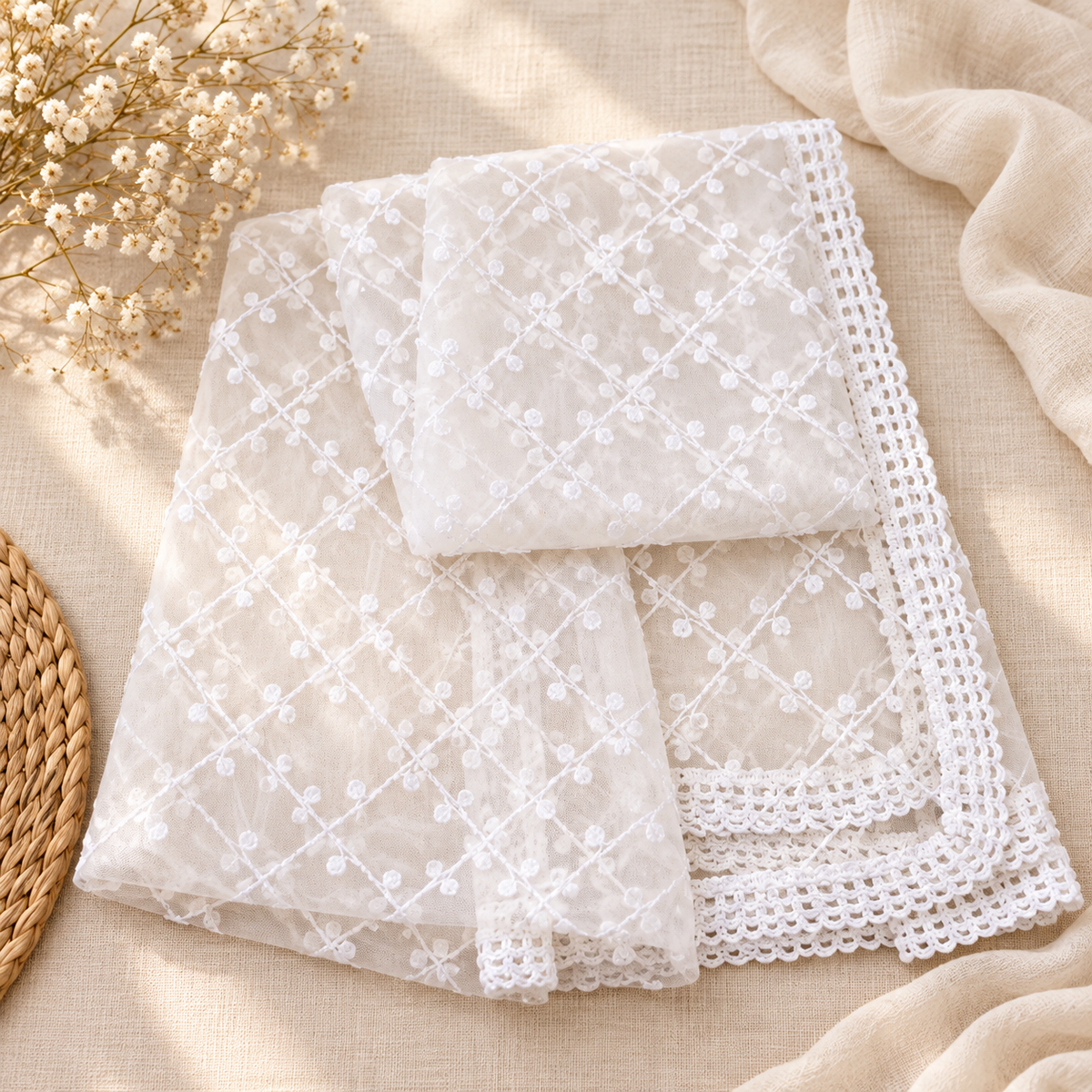 White Embroidered Stole/ dupatta, Tulle, Net Fabric, Embroidered Bridal Wedding Fabric, Saree Drape, Veil, Abaya, Mesh Fabric DP30
