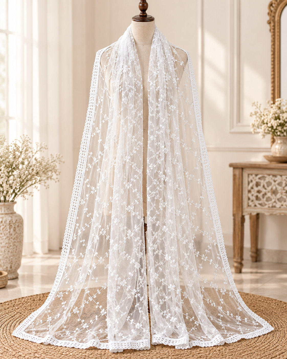 White Embroidered Stole/ dupatta, Tulle, Net Fabric, Embroidered Bridal Wedding Fabric, Saree Drape, Veil, Abaya, Mesh Fabric DP30