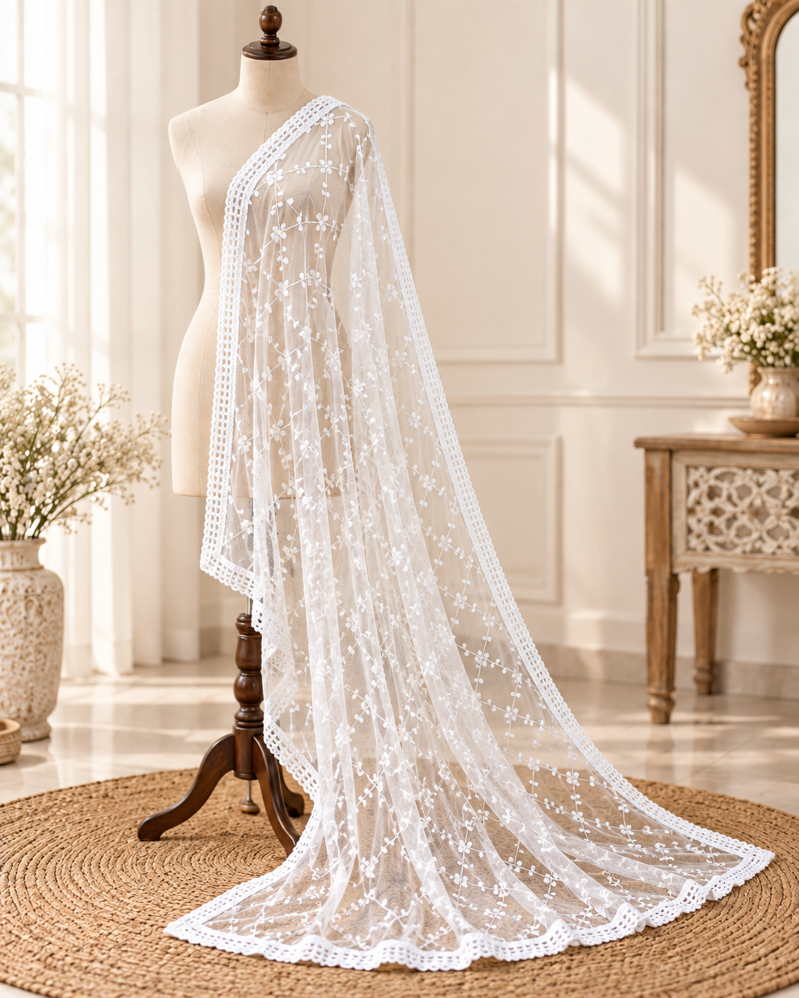 White Embroidered Stole/ dupatta, Tulle, Net Fabric, Embroidered Bridal Wedding Fabric, Saree Drape, Veil, Abaya, Mesh Fabric DP30