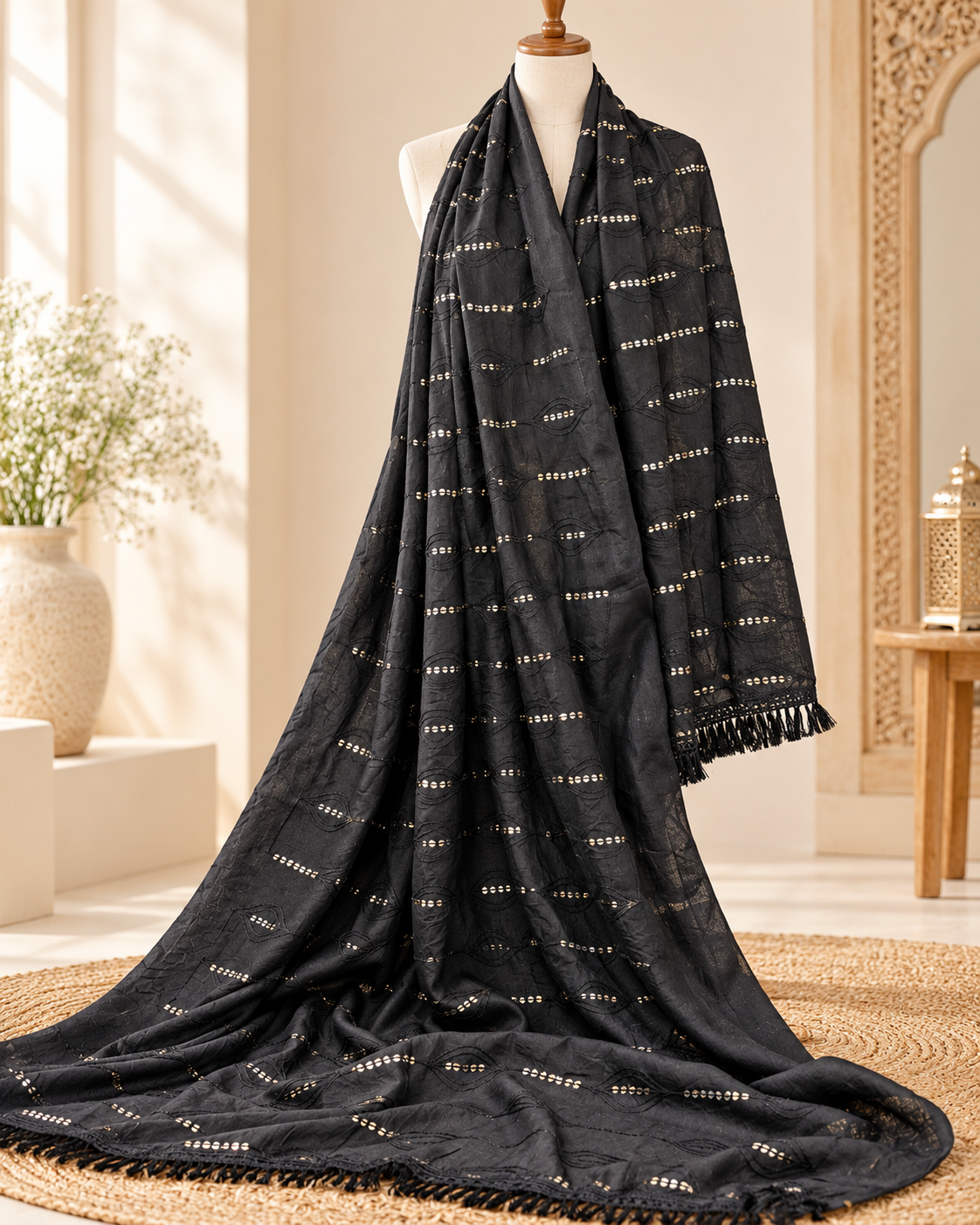 Black Cotton Dupatta With Thread and Sequins embroidery, Scarf, Indian Stole, Shawl, Handmade Indian cotton fabric DP34