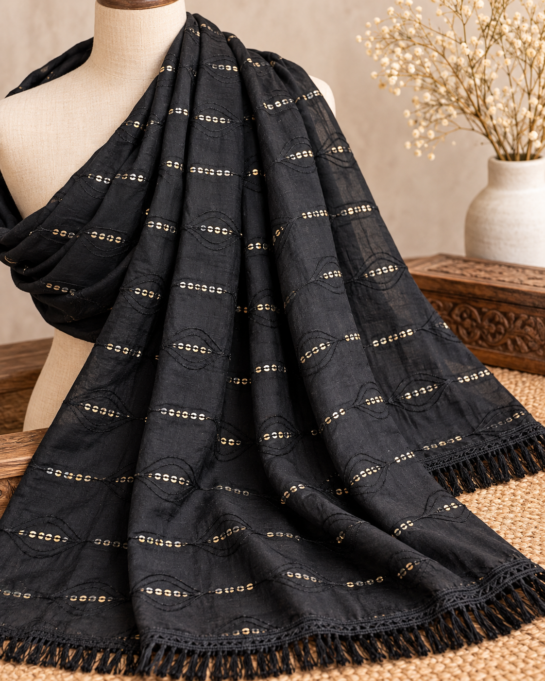Black Cotton Dupatta With Thread and Sequins embroidery, Scarf, Indian Stole, Shawl, Handmade Indian cotton fabric DP34