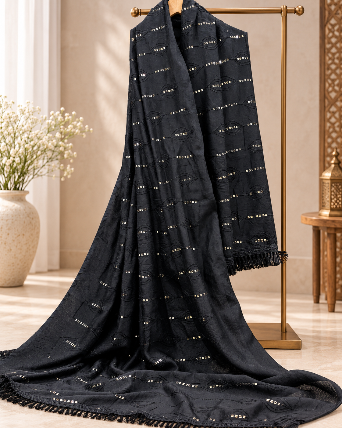 Black Cotton Dupatta With Thread and Sequins embroidery, Scarf, Indian Stole, Shawl, Handmade Indian cotton fabric DP34