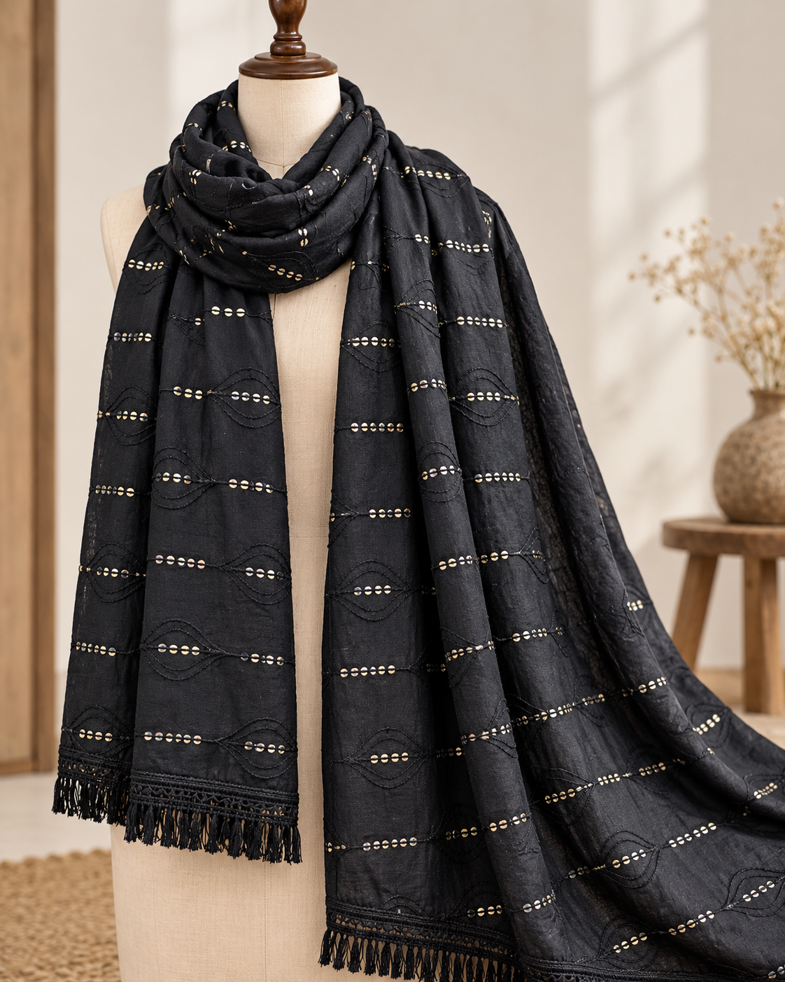 Black Cotton Dupatta With Thread and Sequins embroidery, Scarf, Indian Stole, Shawl, Handmade Indian cotton fabric DP34