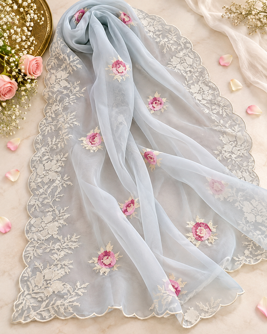 Baby blue Organza Silk Embroidered Dupatta for Women, Stole, Scarf, shawl, abaya, Chunri, Embroidered Indian fabric, Veil DP35