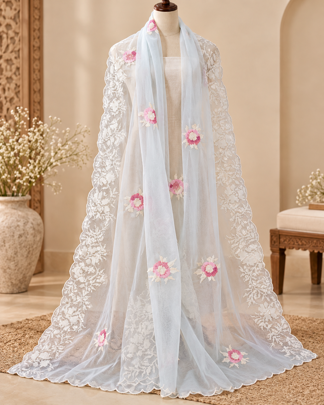 Baby blue Organza Silk Embroidered Dupatta for Women, Stole, Scarf, shawl, abaya, Chunri, Embroidered Indian fabric, Veil DP35