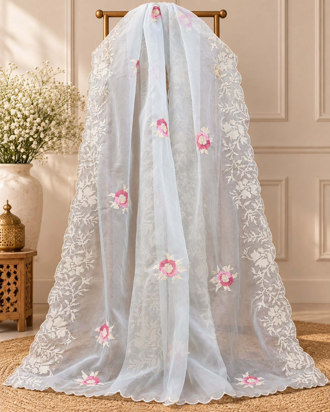Baby blue Organza Silk Embroidered Dupatta for Women, Stole, Scarf, shawl, abaya, Chunri, Embroidered Indian fabric, Veil DP35