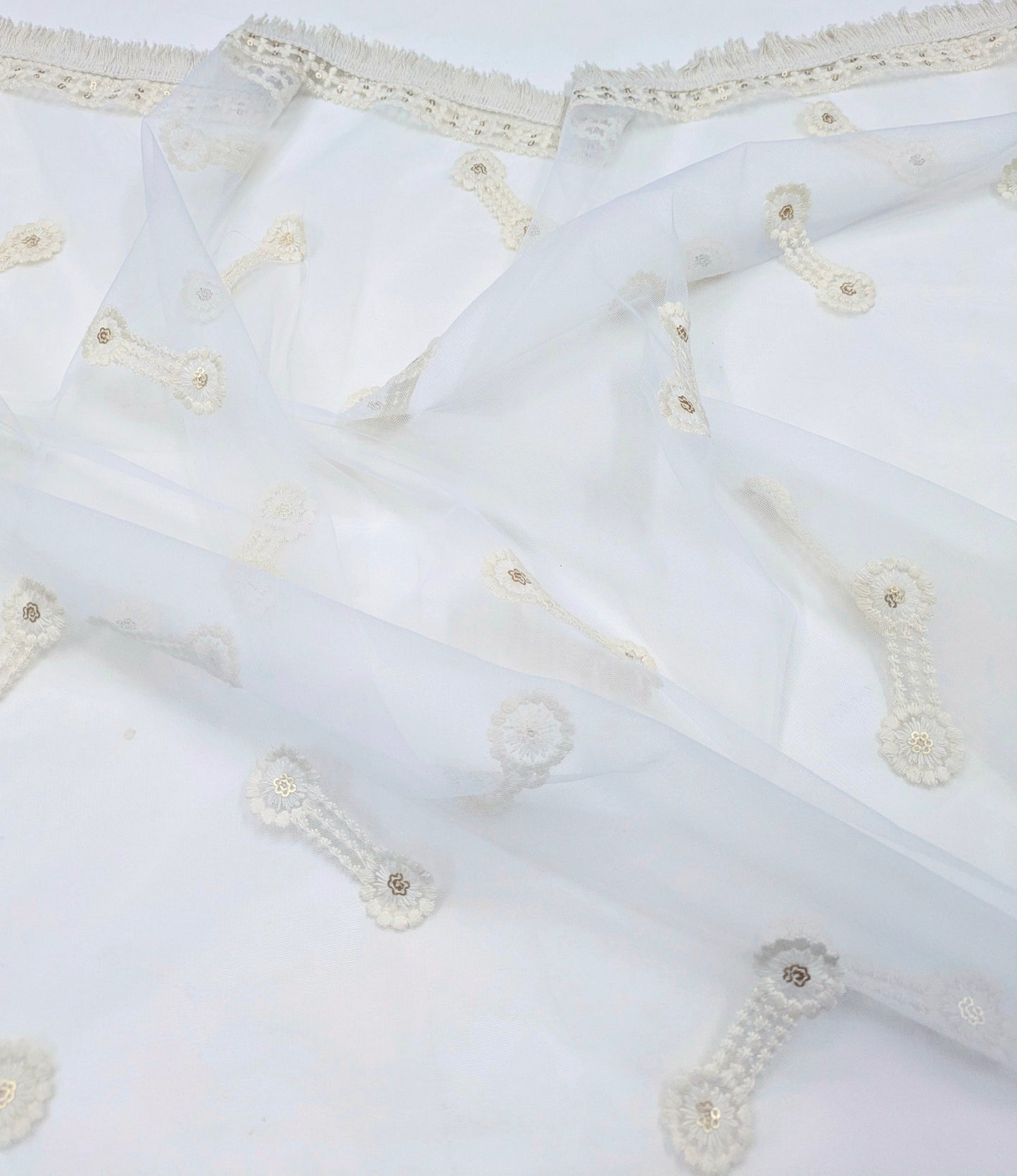Off White Embroidered Stole/ dupatta, Sequins Net, Tulle Mesh Fabric, Embroidered Fabric, Bridal Fabric, Wedding Dupatta DP39