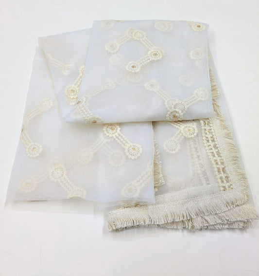 Off White Embroidered Stole/ dupatta, Sequins Net, Tulle Mesh Fabric, Embroidered Fabric, Bridal Fabric, Wedding Dupatta DP39