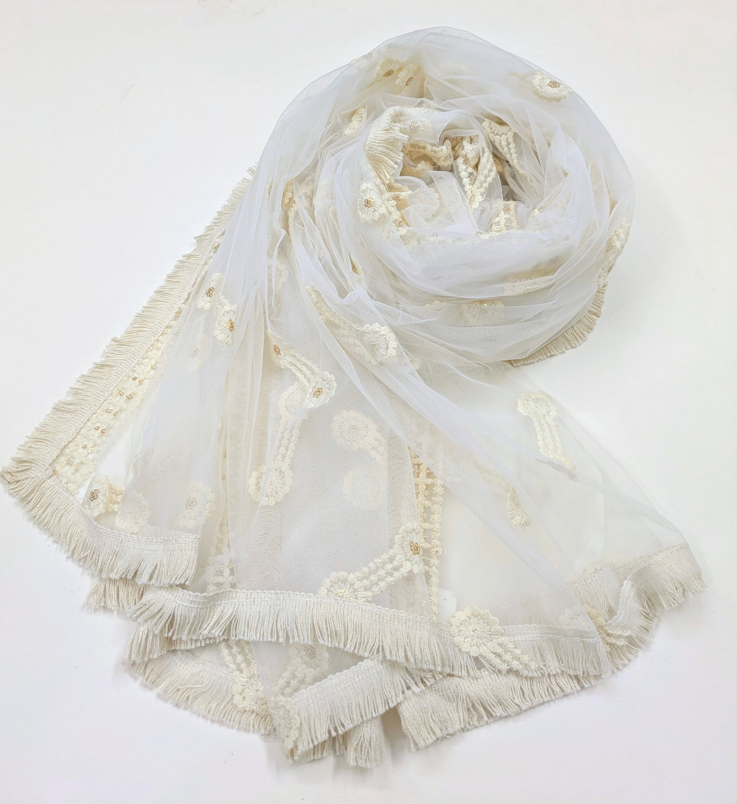 Off White Embroidered Stole/ dupatta, Sequins Net, Tulle Mesh Fabric, Embroidered Fabric, Bridal Fabric, Wedding Dupatta DP39