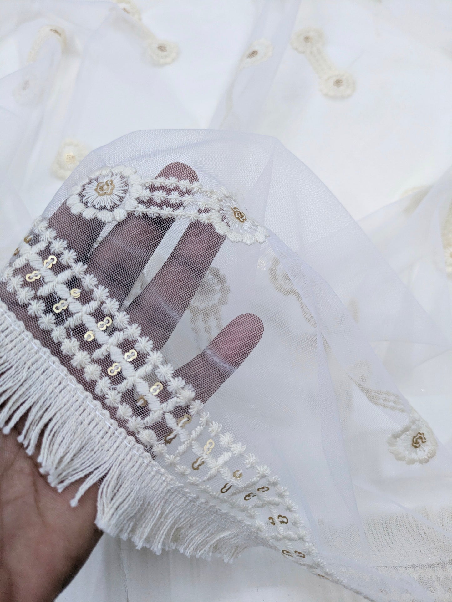 Off White Embroidered Stole/ dupatta, Sequins Net, Tulle Mesh Fabric, Embroidered Fabric, Bridal Fabric, Wedding Dupatta DP39