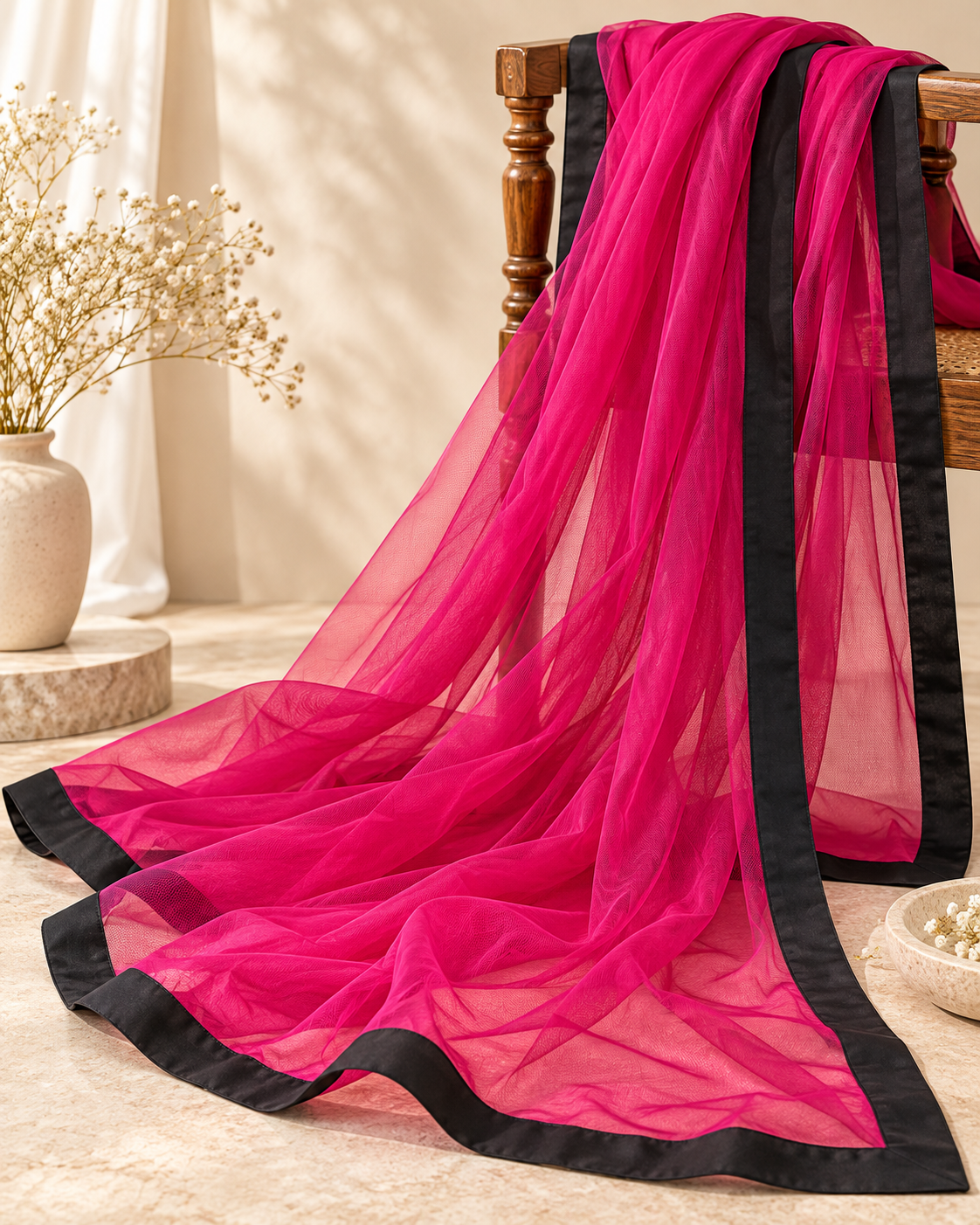 Hot Pink with black Border Net solid plain Dupatta, Indian Stole, Scarf for women, Tulle Fabric, Bridal Wedding Fabric, Veil, DP43
