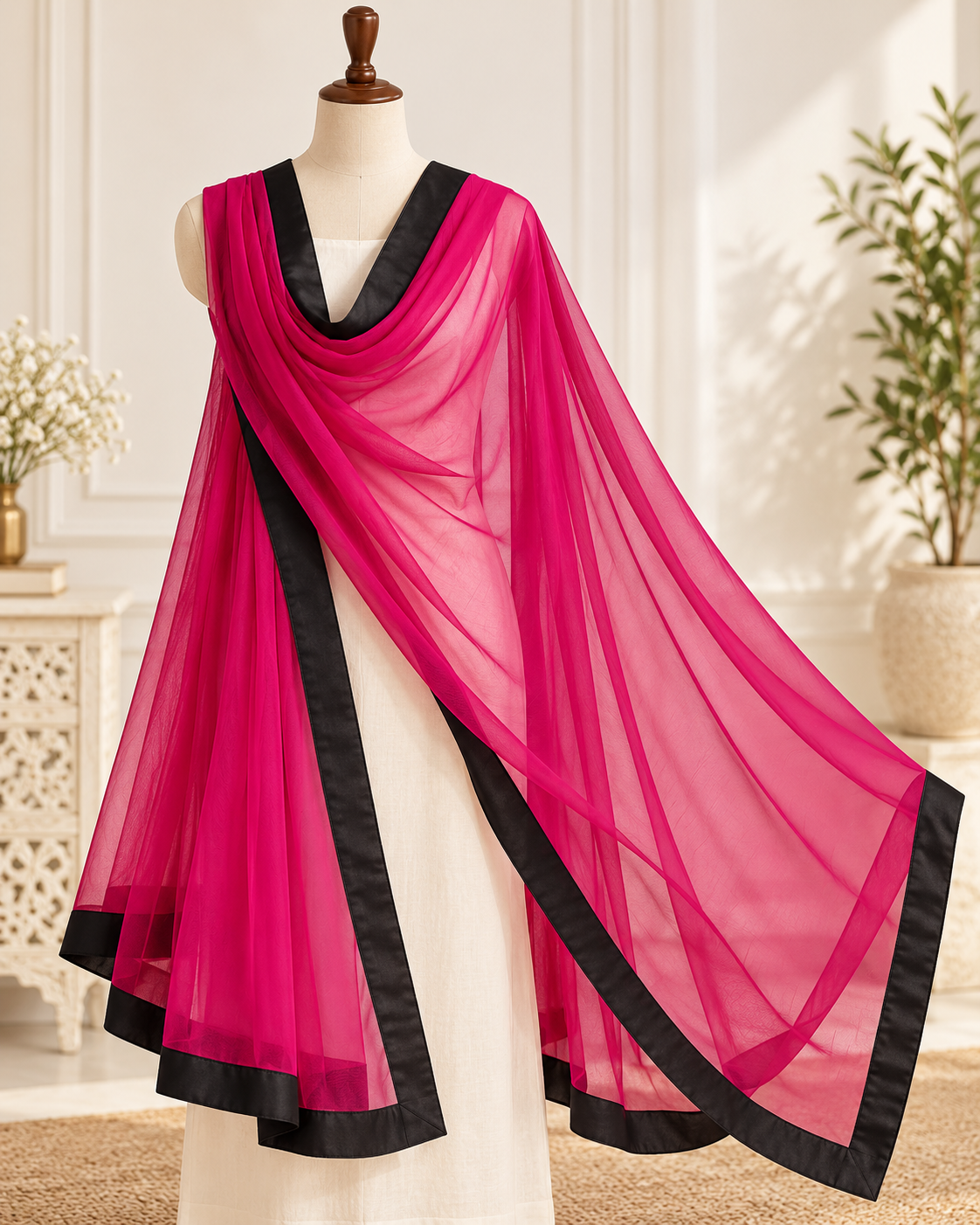 Hot Pink with black Border Net solid plain Dupatta, Indian Stole, Scarf for women, Tulle Fabric, Bridal Wedding Fabric, Veil, DP43