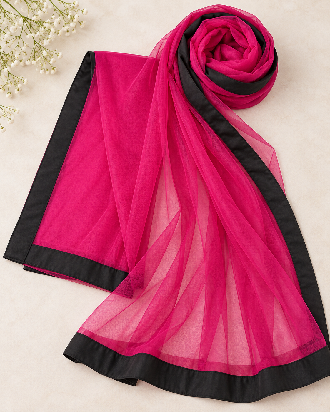 Hot Pink with black Border Net solid plain Dupatta, Indian Stole, Scarf for women, Tulle Fabric, Bridal Wedding Fabric, Veil, DP43