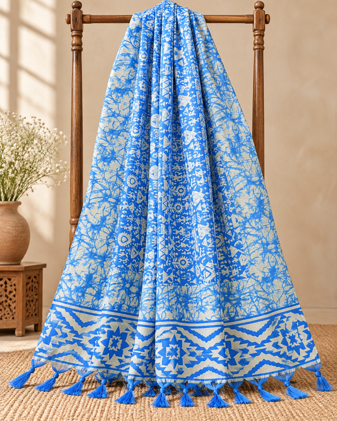 Blue and White Ikat Weave Dupatta for Women, Viscose Silk Stole, Chunni, Scarf, Shawl, Abaya, Ethnic dress, Christmas Gifts DP914