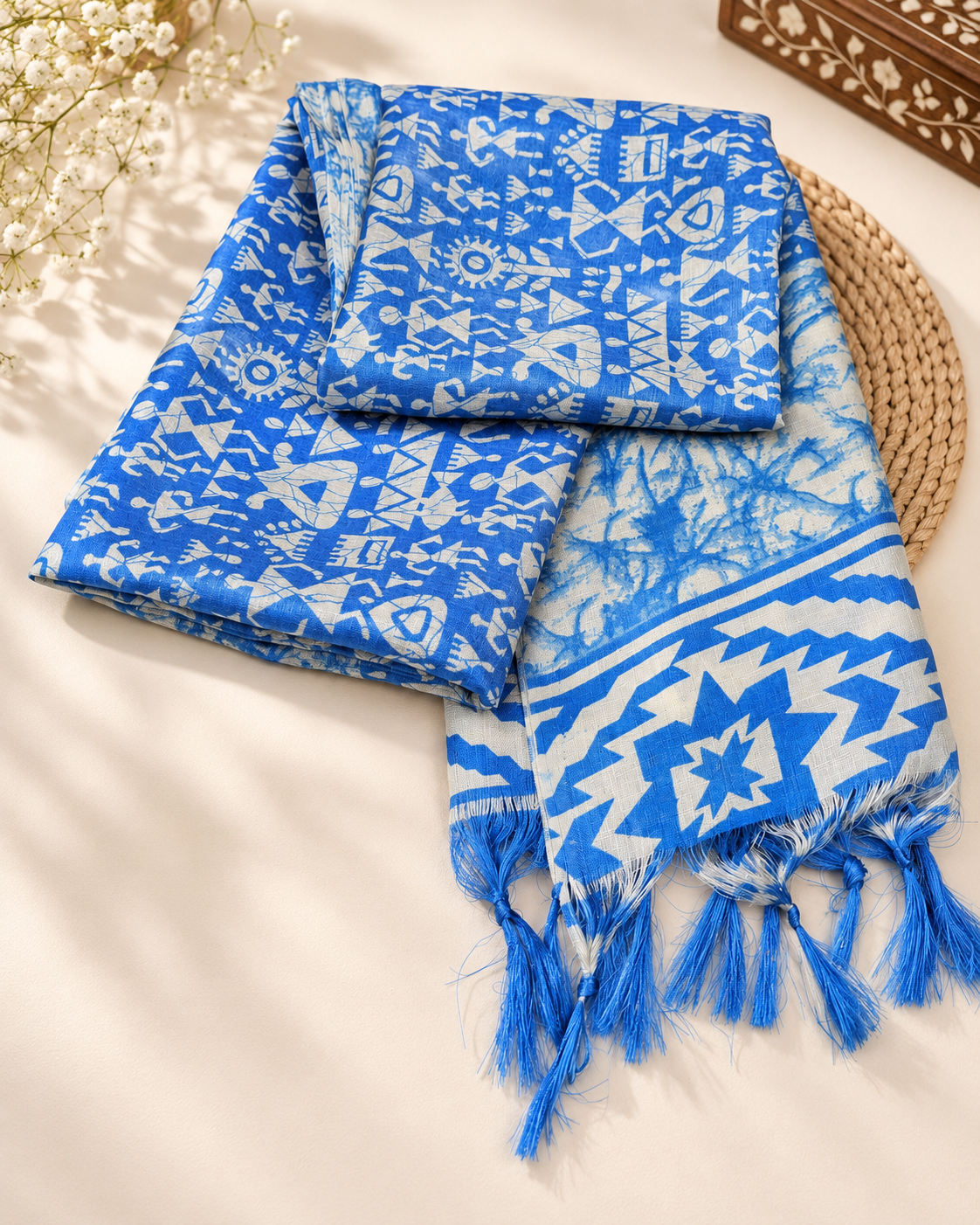 Blue and White Ikat Weave Dupatta for Women, Viscose Silk Stole, Chunni, Scarf, Shawl, Abaya, Ethnic dress, Christmas Gifts DP914