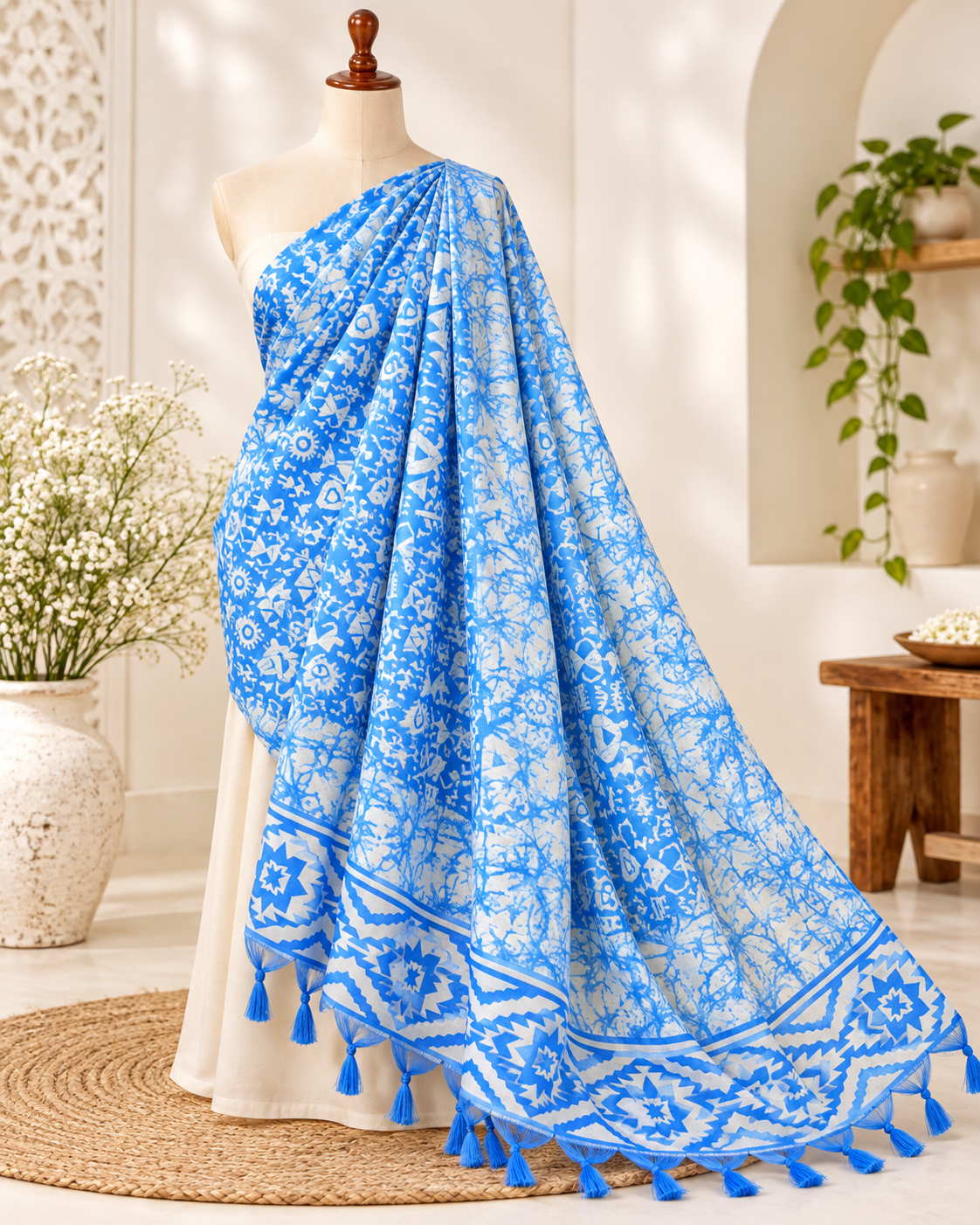 Blue and White Ikat Weave Dupatta for Women, Viscose Silk Stole, Chunni, Scarf, Shawl, Abaya, Ethnic dress, Christmas Gifts DP914