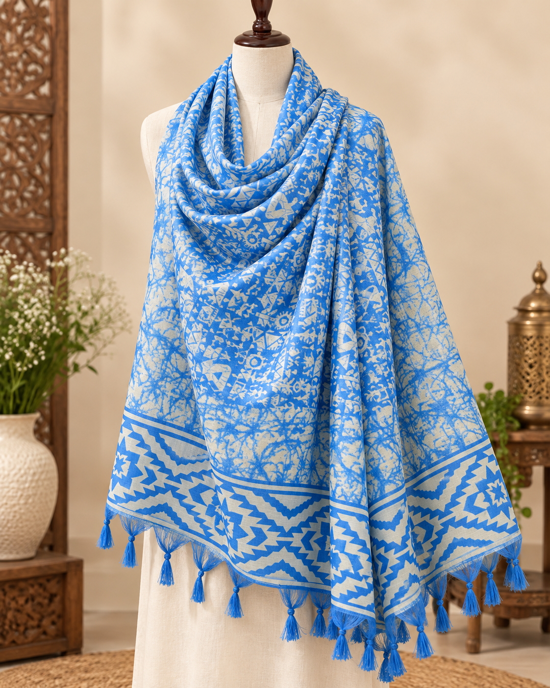 Blue and White Ikat Weave Dupatta for Women, Viscose Silk Stole, Chunni, Scarf, Shawl, Abaya, Ethnic dress, Christmas Gifts DP914