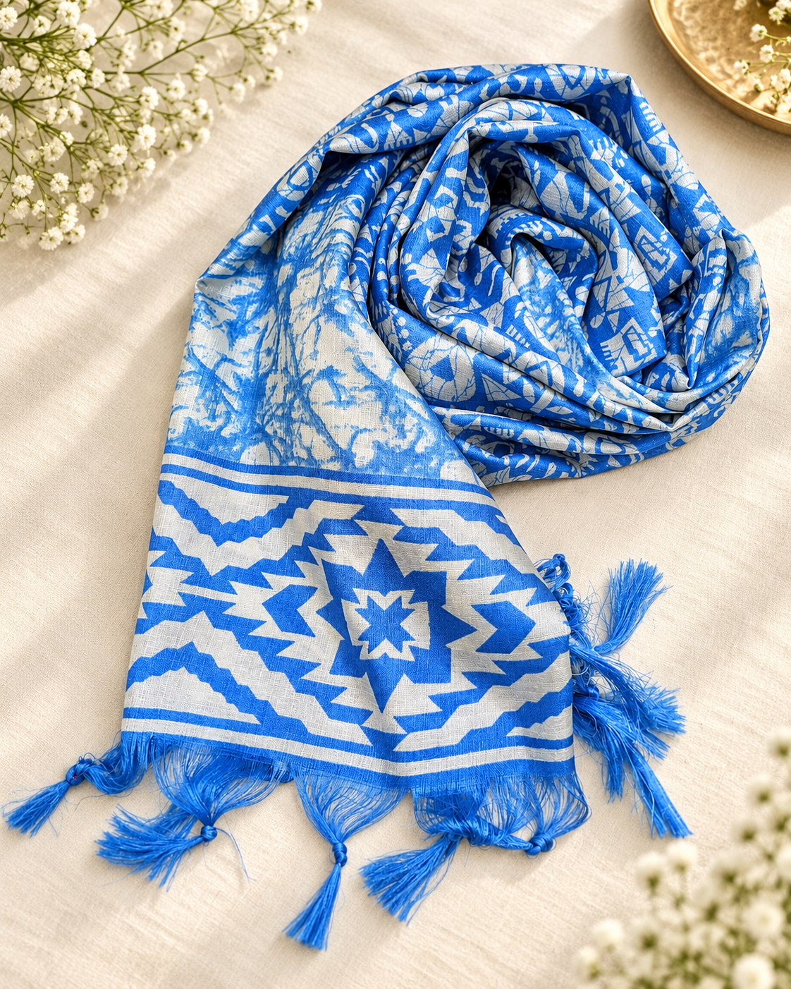 Blue and White Ikat Weave Dupatta for Women, Viscose Silk Stole, Chunni, Scarf, Shawl, Abaya, Ethnic dress, Christmas Gifts DP914