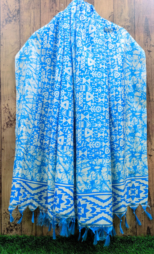 Blue and White Ikat Weave Dupatta for Women, Viscose Silk Stole, Chunni, Scarf, Shawl, Abaya, Ethnic dress, Christmas Gifts DP914