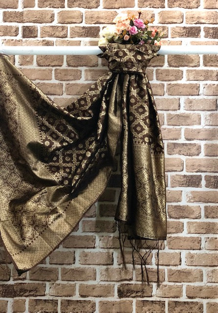 Brown and Gold Banarasi brocade Scarf/ Dupatta/ Stole/ Shawl, Viscose Silk Dupatta, Bridal dress fabric, veil, DP984