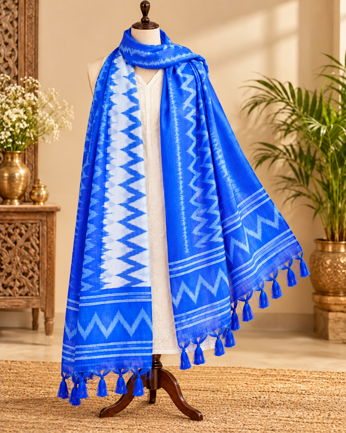 Blue and White Ikat Weave Dupatta for Women, Viscose Silk Stole, Chunni, Scarf, Shawl, Abaya, Ethnic dress, Christmas Gifts DP992