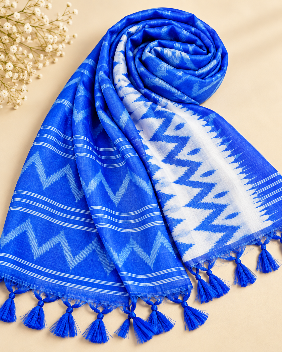Blue and White Ikat Weave Dupatta for Women, Viscose Silk Stole, Chunni, Scarf, Shawl, Abaya, Ethnic dress, Christmas Gifts DP992