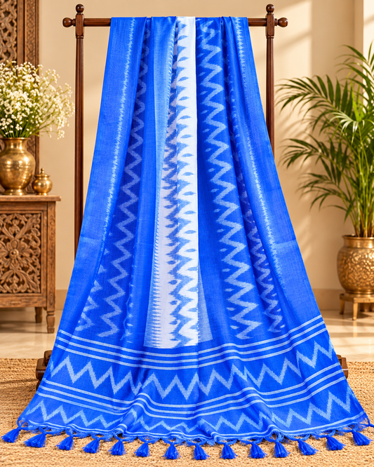 Blue and White Ikat Weave Dupatta for Women, Viscose Silk Stole, Chunni, Scarf, Shawl, Abaya, Ethnic dress, Christmas Gifts DP992