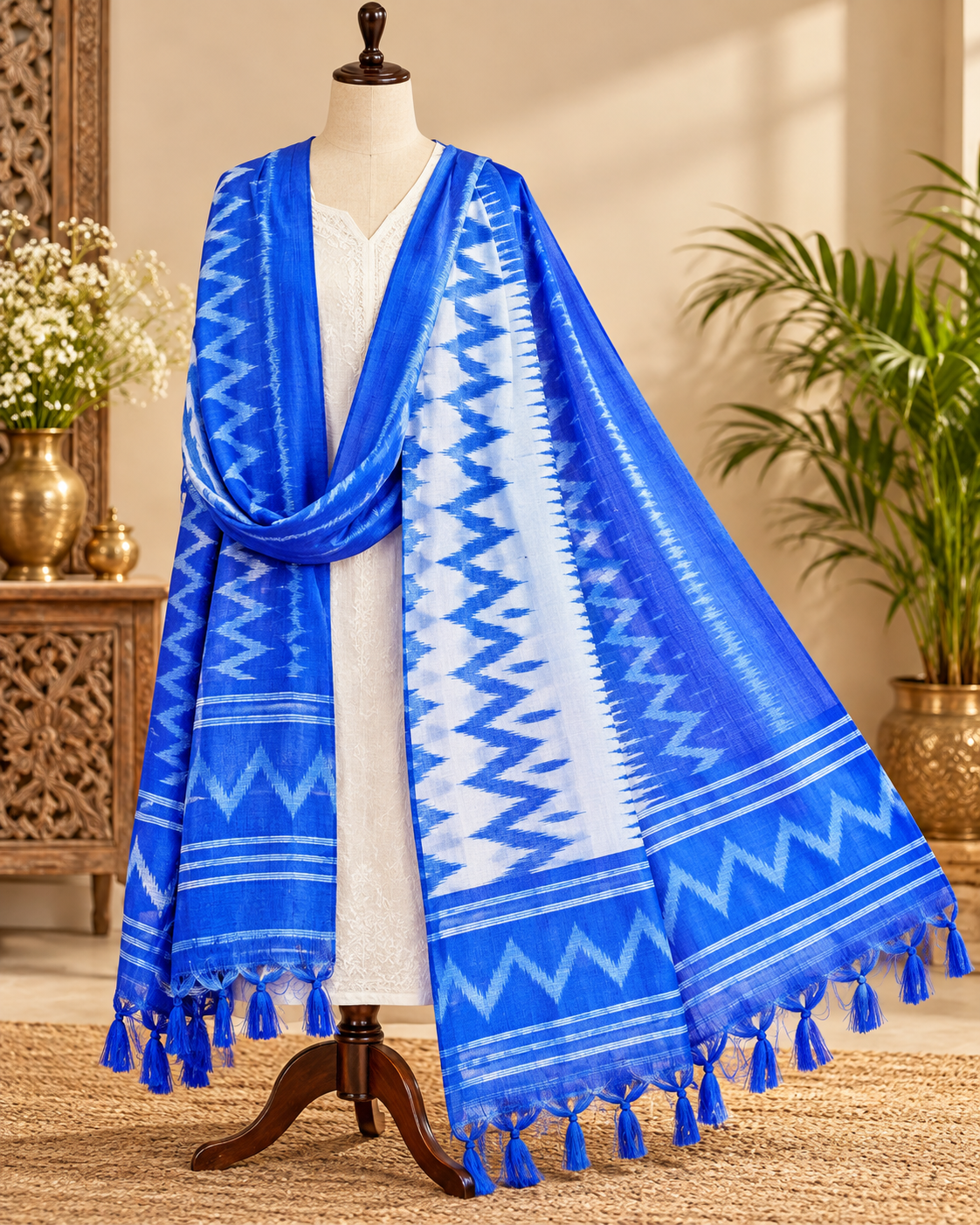 Blue and White Ikat Weave Dupatta for Women, Viscose Silk Stole, Chunni, Scarf, Shawl, Abaya, Ethnic dress, Christmas Gifts DP992