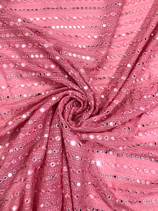 Pink Georgette Bridal Fabric, Foil Mirror Embroidered Wedding Dress Gown Fabric, Multiple yardage will come in one piece - NF460