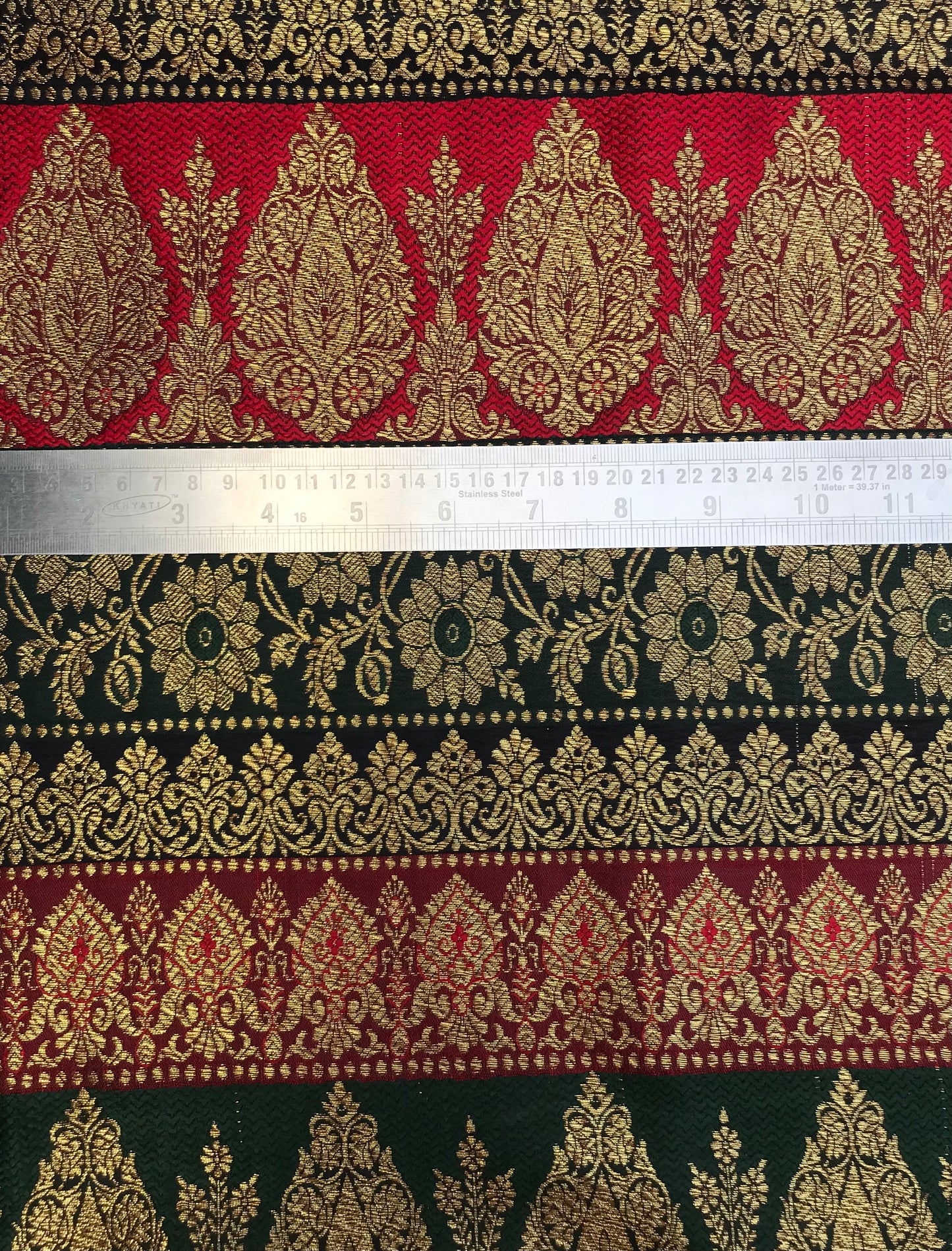 Indian Banarasi Brocade Fabric in Green, Red and Gold color,  Multiple lengths will come in the continuous piece - NF572