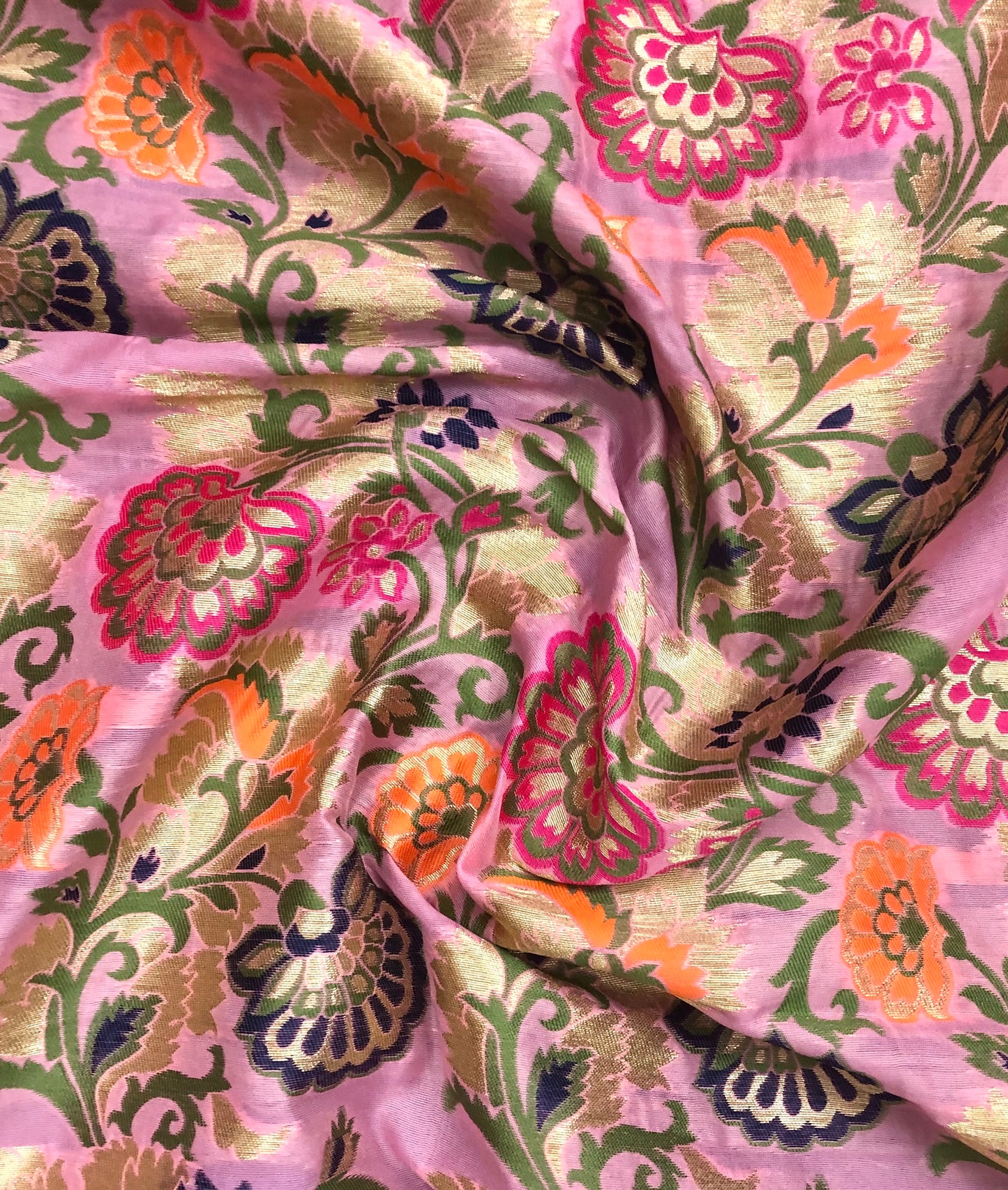 Indian Banarasi Brocade Fabric in Pink and Green color, Multiple lengths will come in the continuous piece - NF552