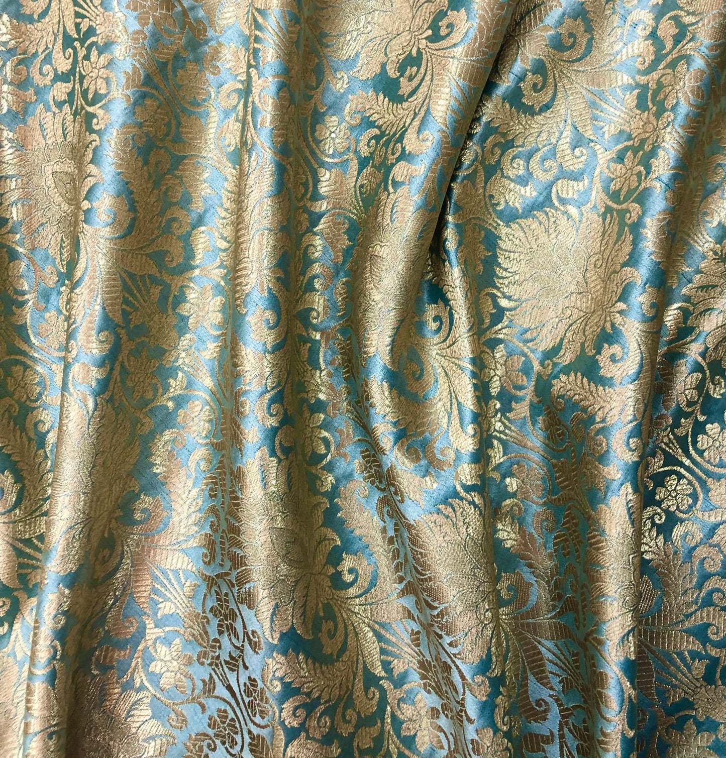 Grayish blue & gold jacquard brocade fabric, Home décor fabric, Floral brocade, Brocade Dress, party dress fabric - NFAF587