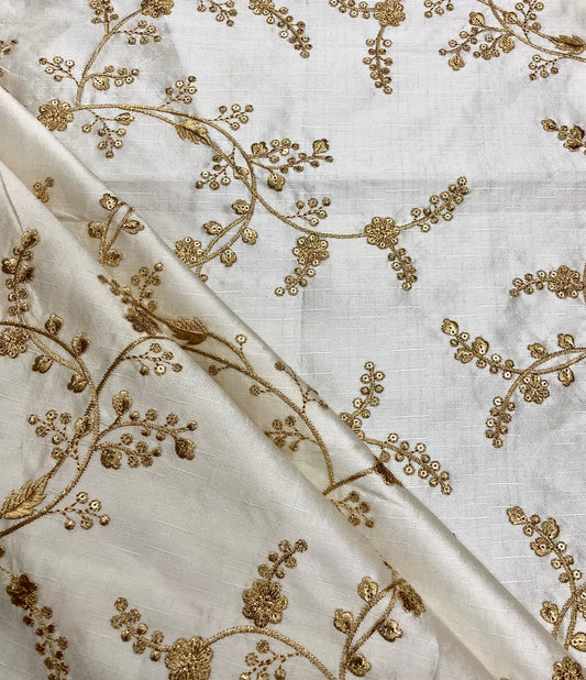 Off White and Gold Embroidered Fabric, Haute couture, Wedding inspiration, Gold flower, Royal fabric, Fashion fabric - NFAF30