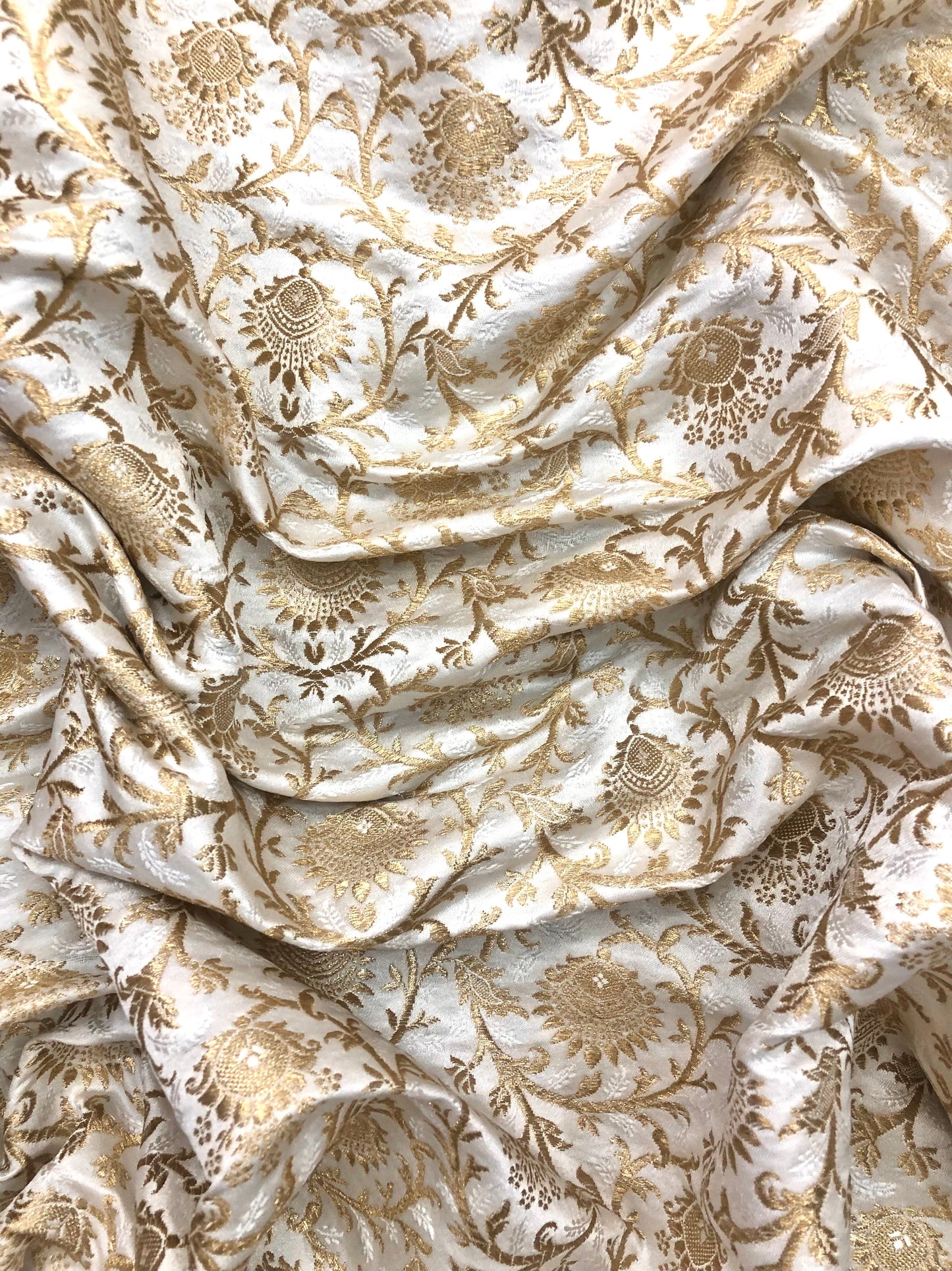 Indian Banarasi Brocade fabric in Off White And Gold color, Multiple lengths will come in a continuous piece - NF799