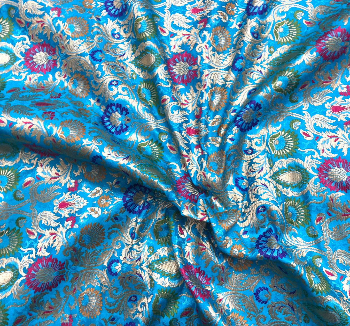 Indian Banarasi Brocade fabric in Blue and Gold color, Multiple lengths will come in the continuous piece - NF613