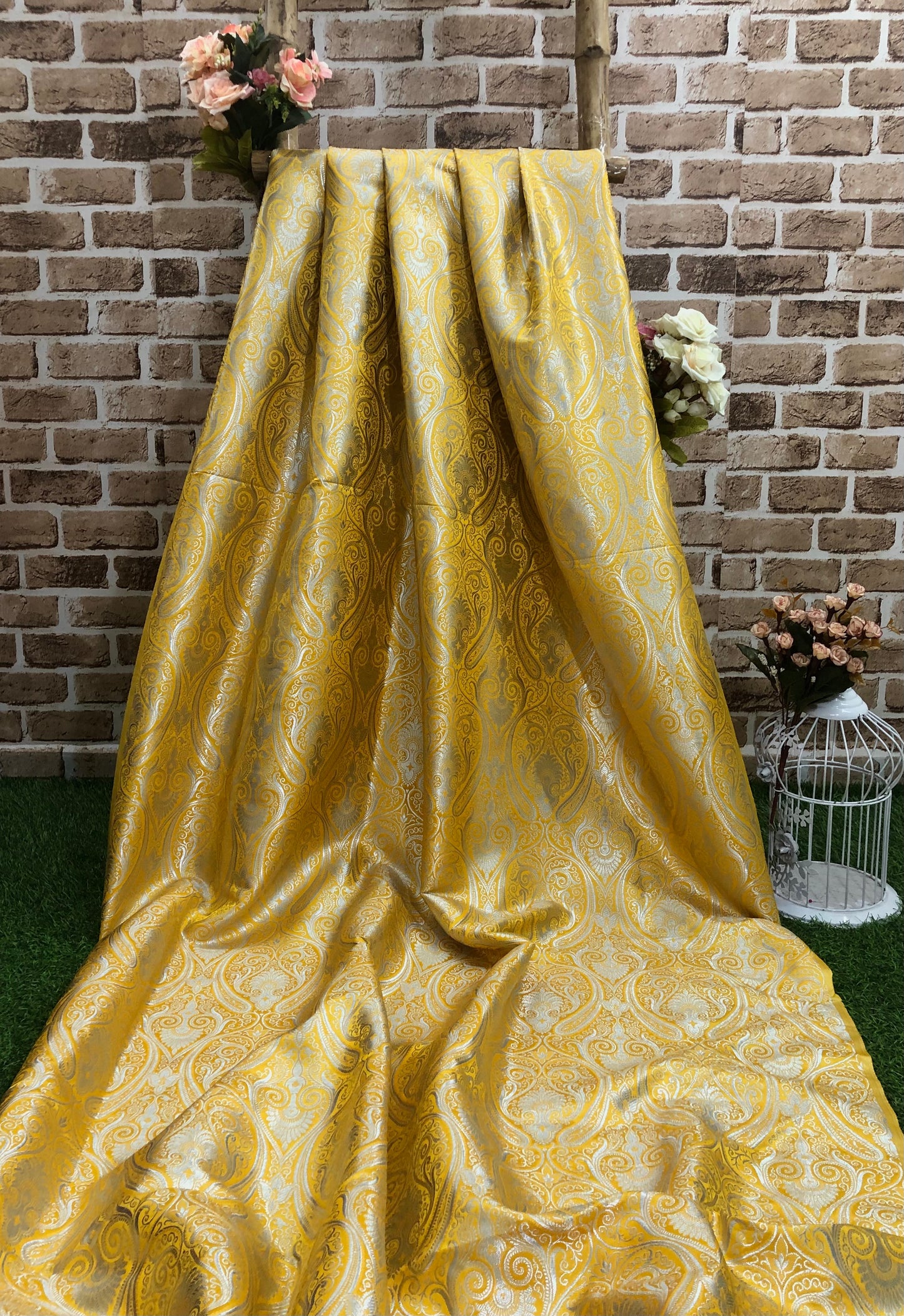 Indian Banarasi Brocade Fabric in Yellow and Silver color, Multiple lengths will come in the continuous piece - NF743