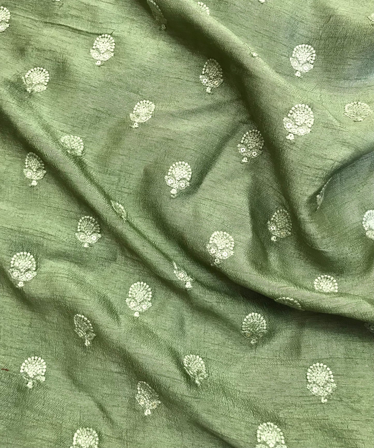 Indian Embroidered Viscose Silk Fabric in Green and Gold Color,  Multiple lengths will come in the continuous piece - NF556