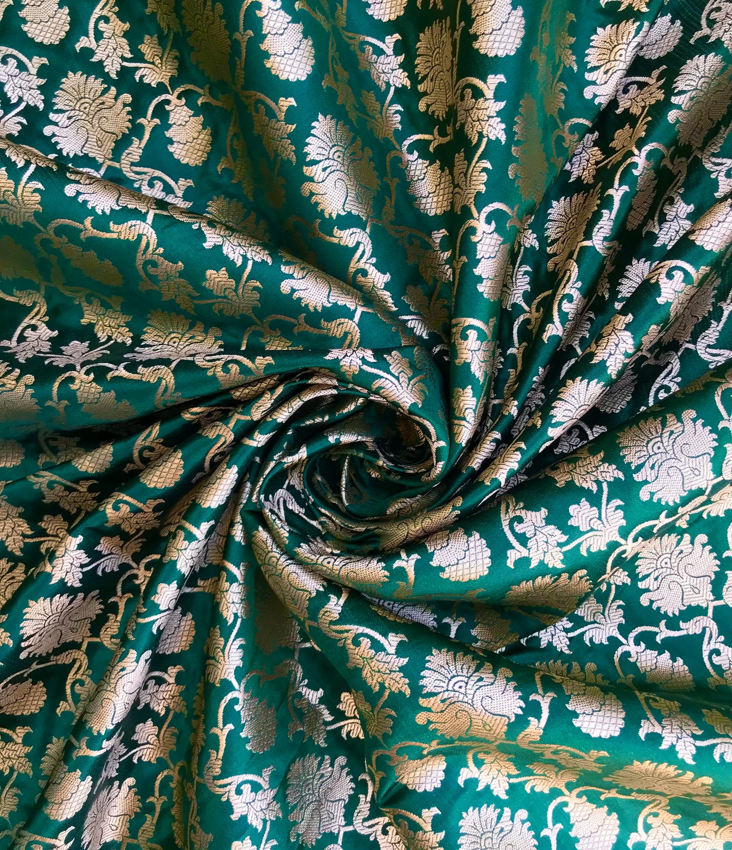 Indian Banarasi Brocade fabric in Green and Gold color, Multiple lengths will come in the continuous Piece - NF70