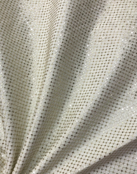 Off white Viscose Silk Fabric, Gold Embroidery, Wedding Dress Fabric, Multiple lengths will come in the continuous piece - NF925