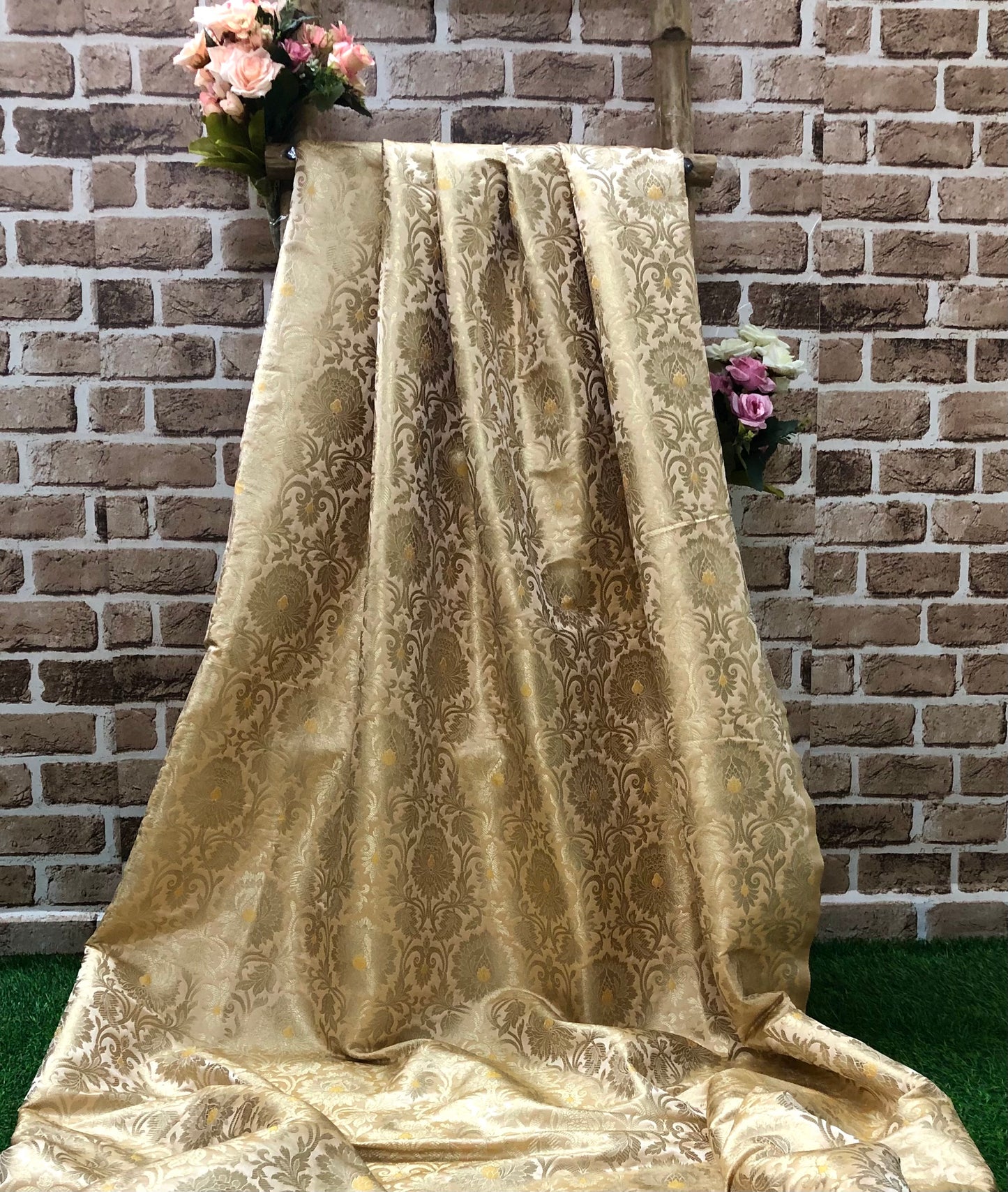 Indian Banarasi Brocade fabric in Beige and Gold color, Multiple lengths will come in the continuous piece - NF232