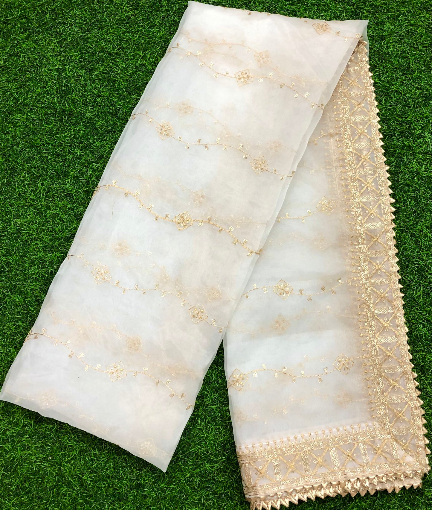 White & Gold Organza Dupatta and Sequins Embroidery, Indian Stole, Scarf for women, Bridal Wedding Fabric, Veil, DP13