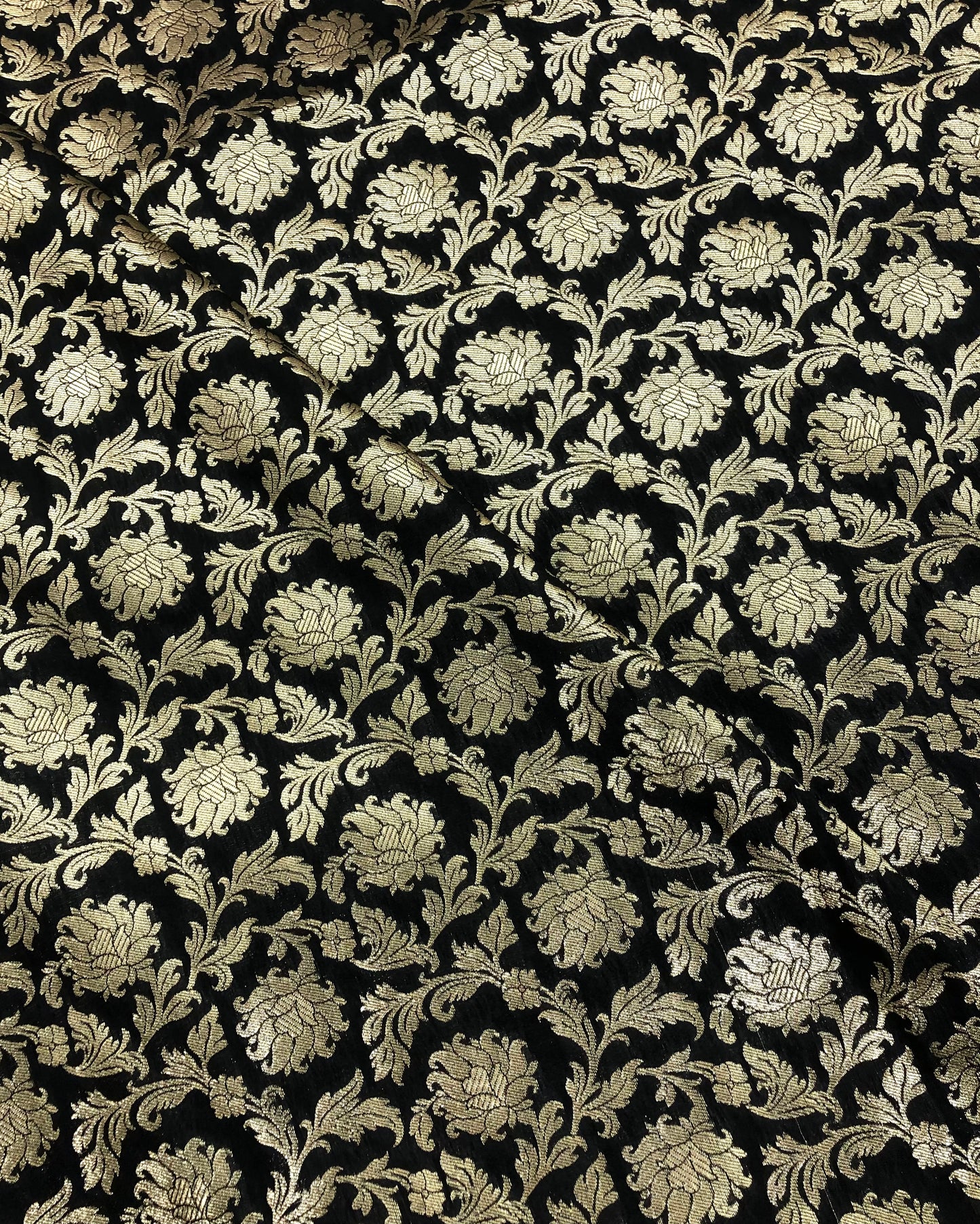 Indian Banarasi Brocade Fabric in Black and Gold Color, Multiple Length will come in a continuous Piece - NF184