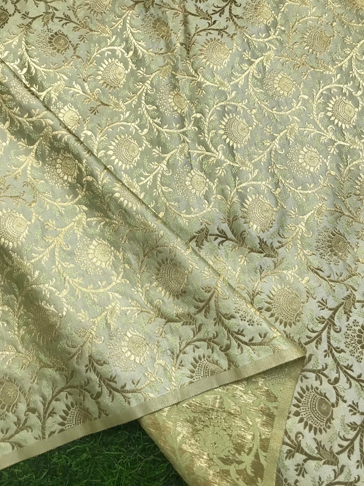 Indian Banarasi Brocade fabric in Sage Green and Gold color, Multiple lengths will come in the continuous Piece - NF1095