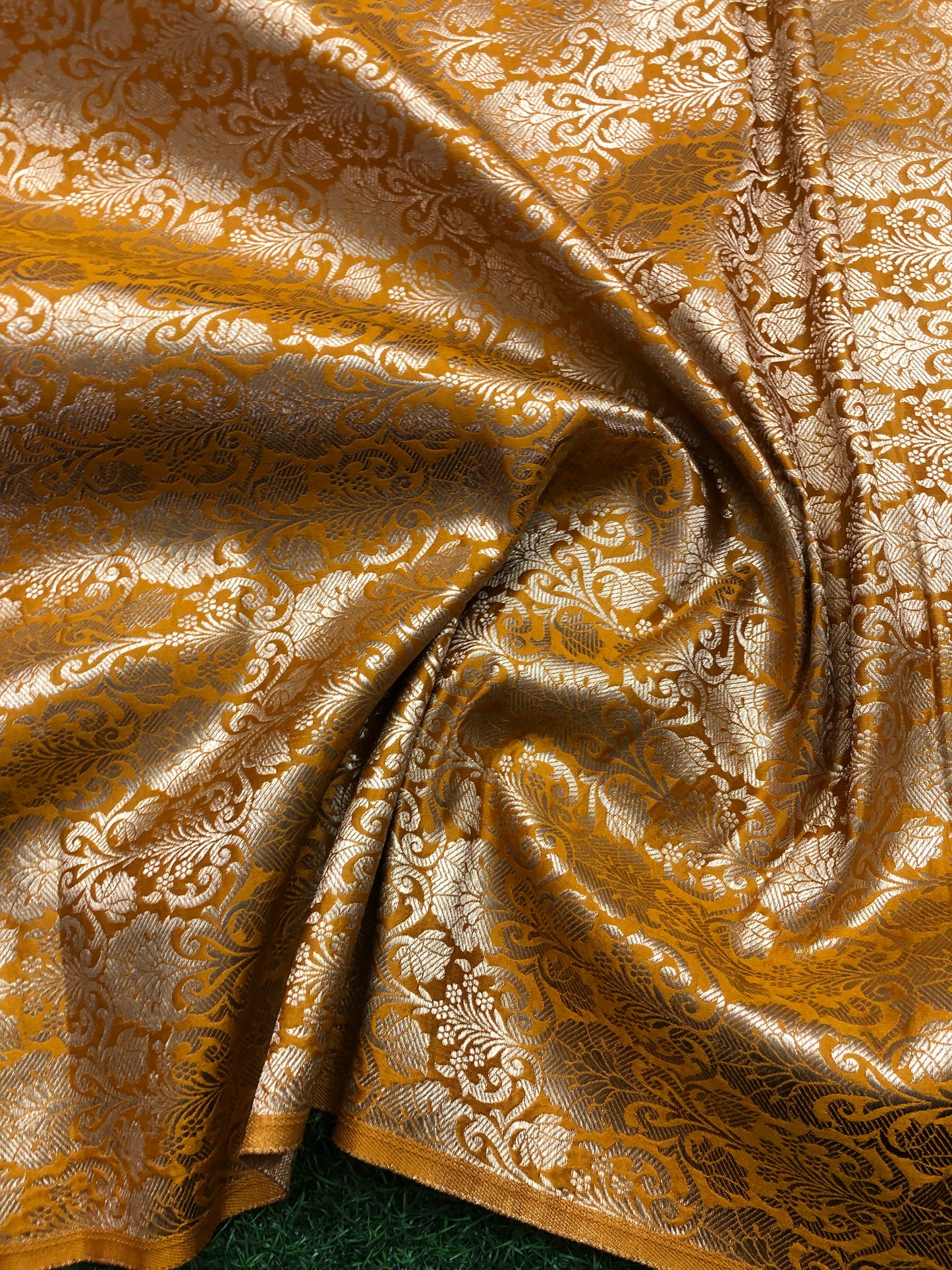 Indian Banarasi Brocade Fabric in Mustard Yellow and Gold color, Multiple lengths will come in the continuous piece - NF607