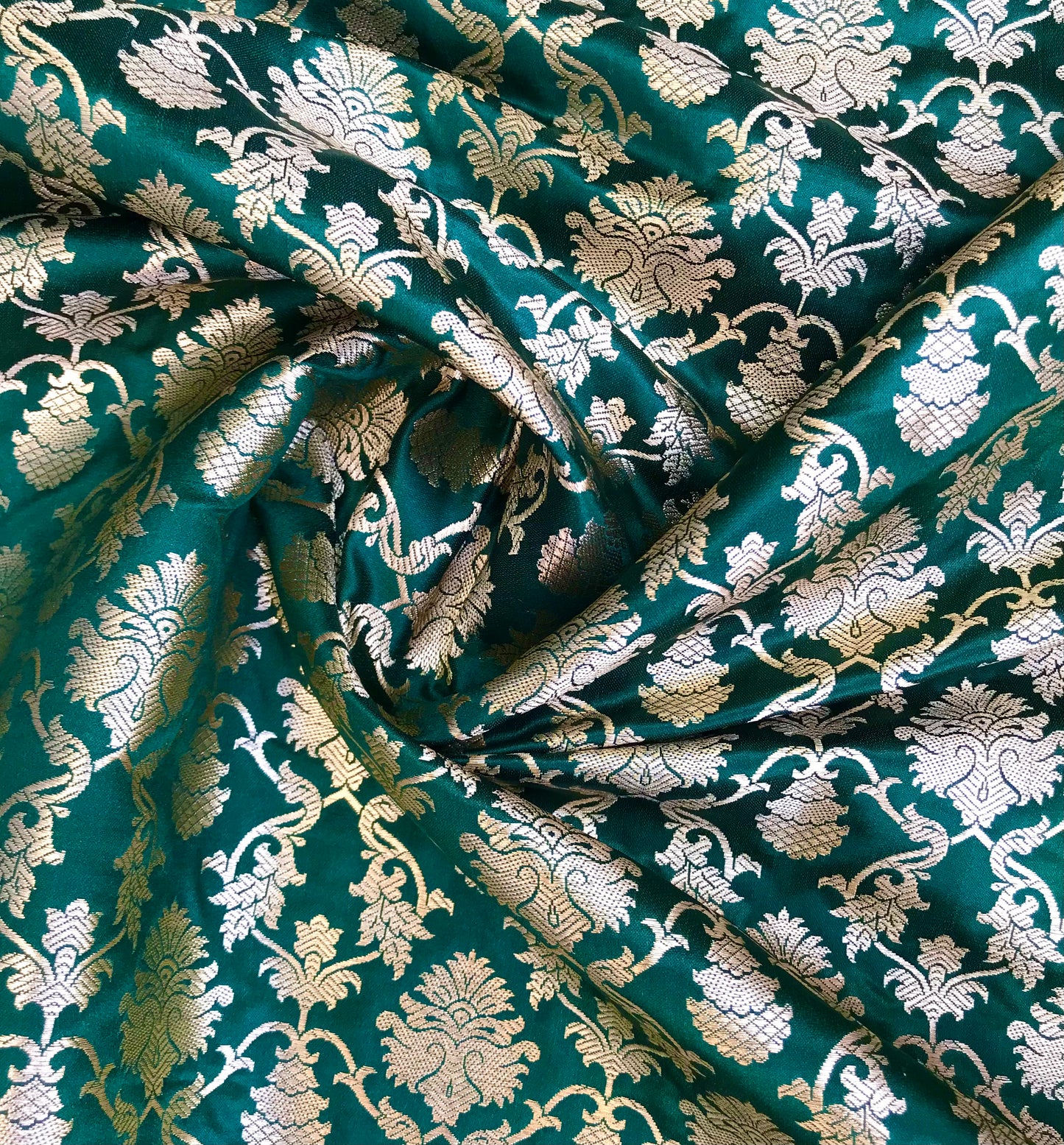 Indian Banarasi Brocade fabric in Green and Gold color, Multiple lengths will come in the continuous Piece - NF70