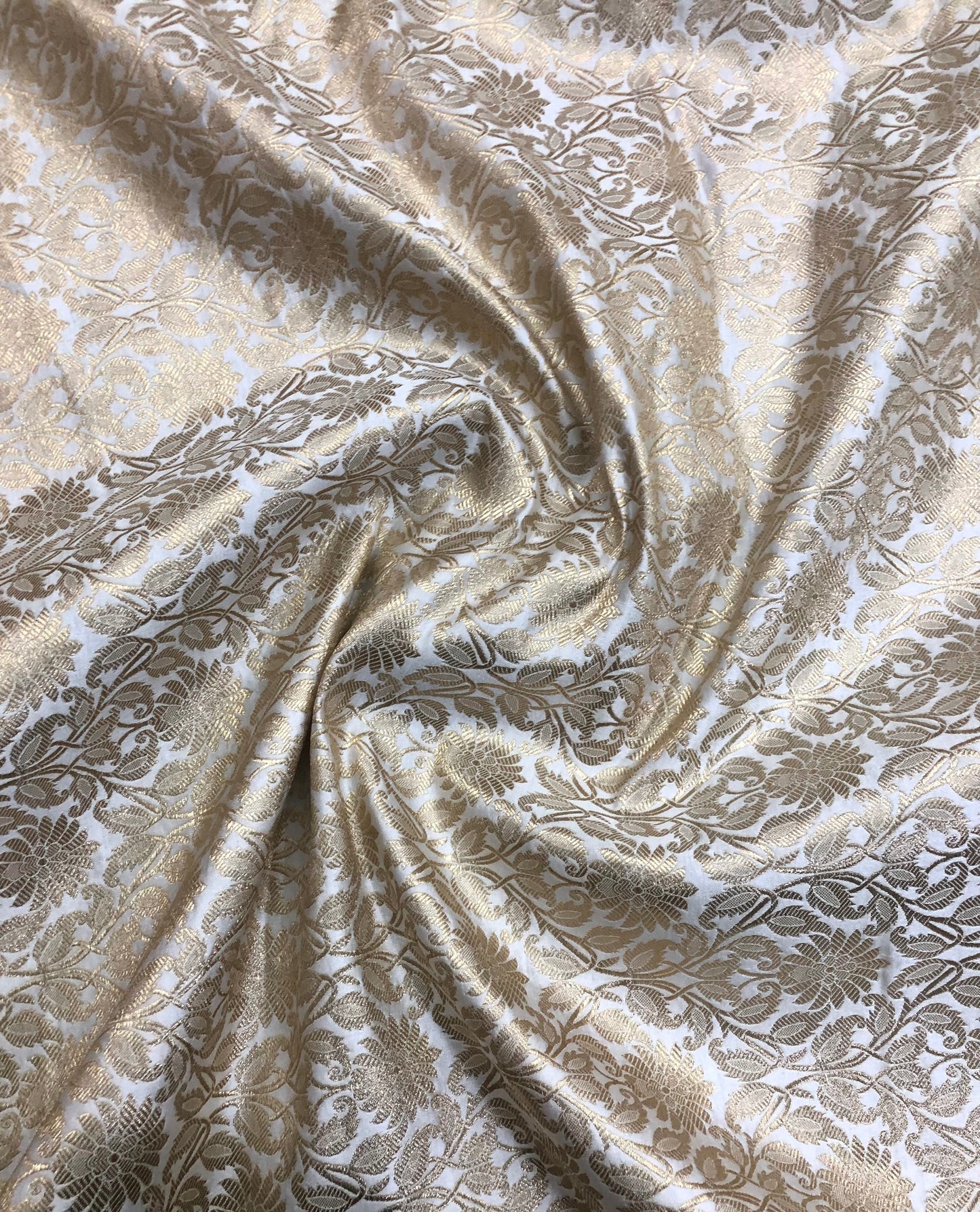 Indian Banarasi Brocade Fabric in White and Gold color, Multiple lengths will come in the continuous piece - NF650