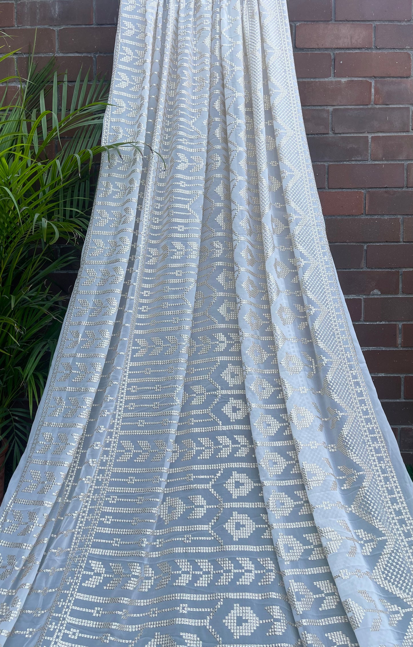 Indian Embroidered CHIFFON Fabric in Off-White color, Multiple lengths will come in the continuous piece - NF945