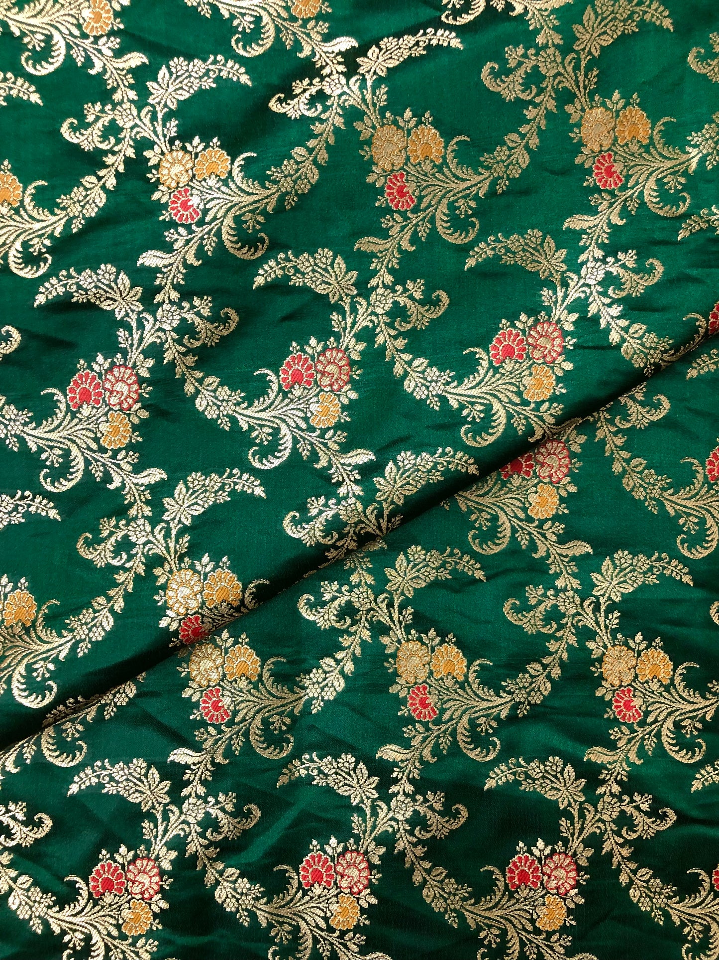 Indian Banarasi Brocade Fabric in Green and Gold color, Multiple lengths will come in the continuous piece - NF432