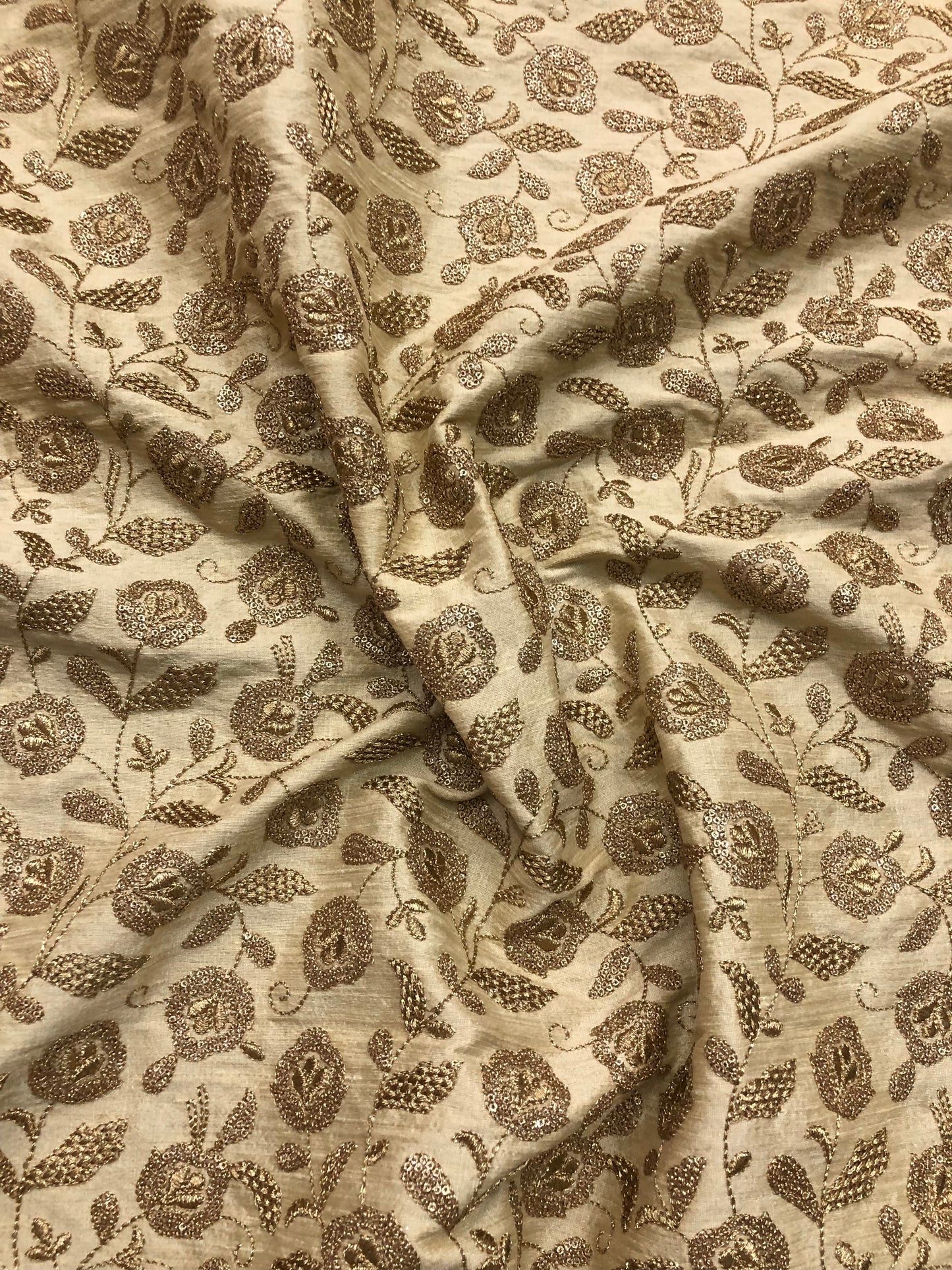 Indian Embroidered Viscose Silk Fabric in Beige color, Multiple lengths will come in the continuous piece - NF843